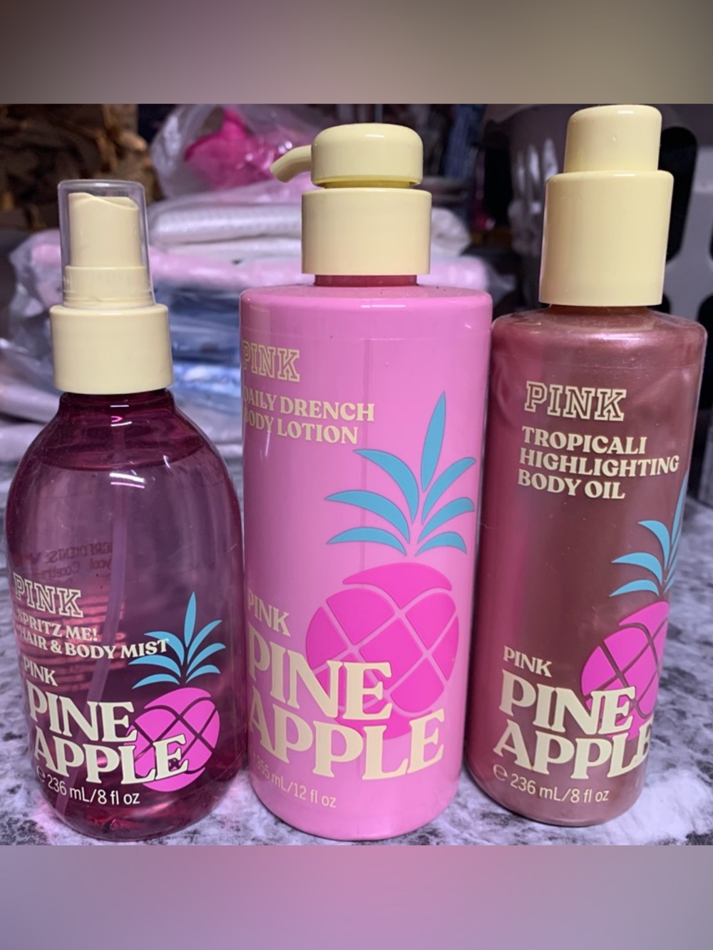 PINK Victoria's Secret Pineapple Body Lotion, Hair/Body Mist, Highlighting Oil